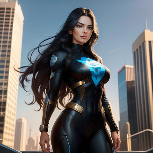a woman in a black suit standing in front of a city skyline with skyscrapers and skyscrapers in the background