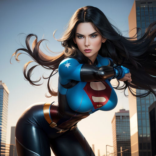 a woman in a blue and black costume posing for a picture with her hair blowing in the wind and buildings in the background
