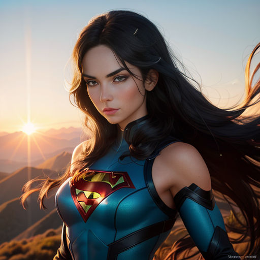 a woman in a superman suit standing on a hill with her hair blowing in the wind and the sun behind her