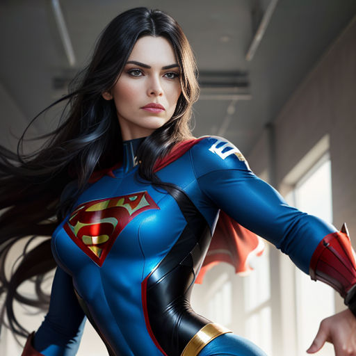 a woman in a blue and red costume posing for a picture with her arms out and her hands out