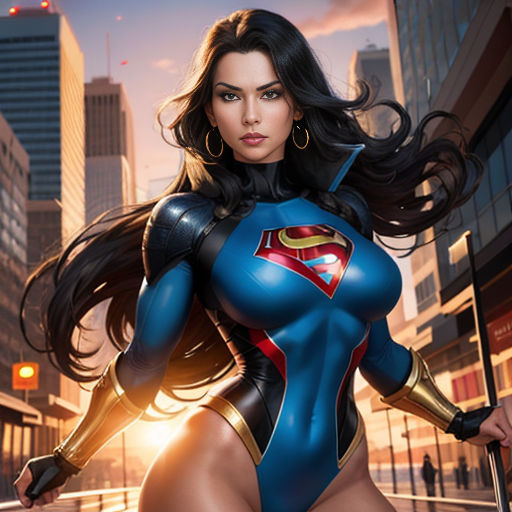 a woman in a blue suit with a sword in her hand and a cityscape in the background