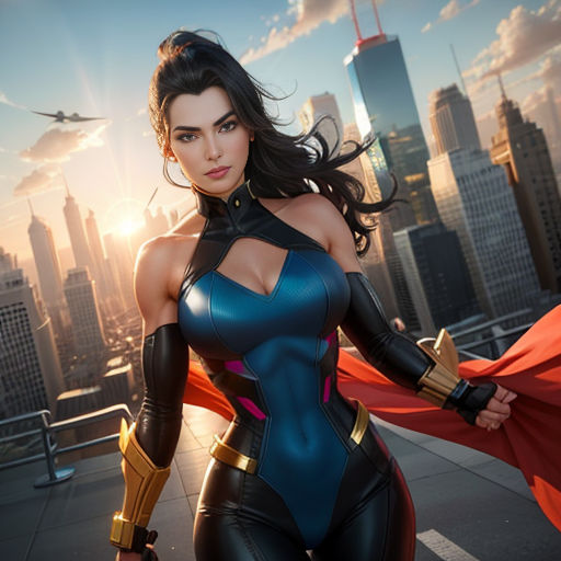 a woman in a blue and black outfit with a red cape on her shoulders and a city skyline in the background