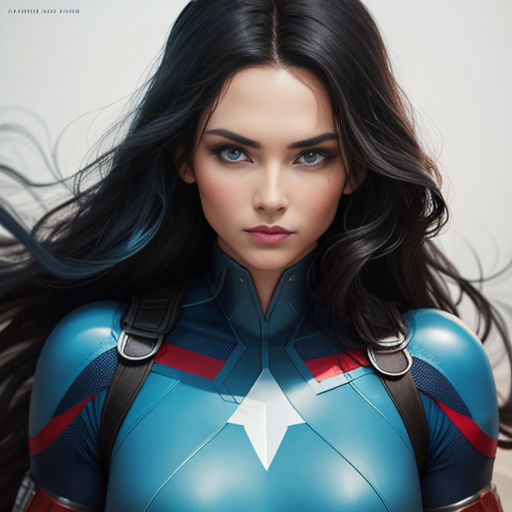 a woman in a blue and red costume with long hair and a star on her chest and chest, with a white star on her chest