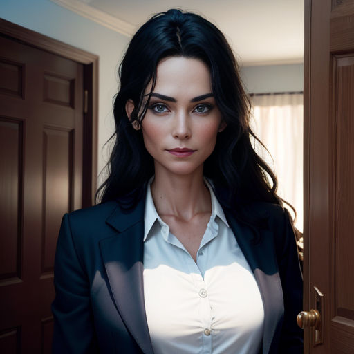 a woman in a suit standing in a doorway with a door open to a room with a window and a curtain