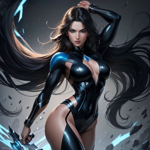 a woman in a black and blue suit with a sword in her hand and a bird flying above her