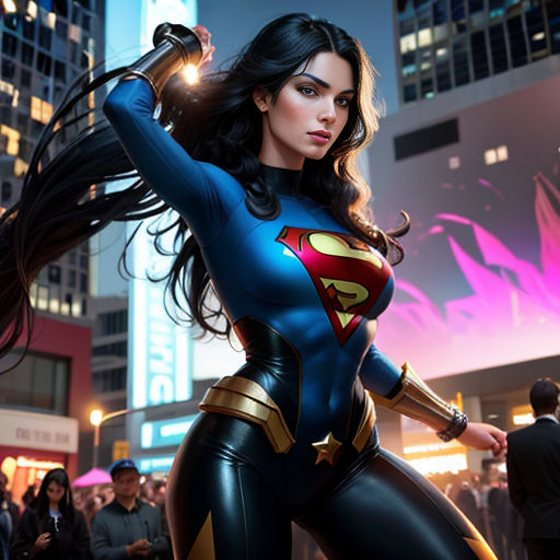 a woman in a costume is standing in the street with a sword in her hand and a crowd of people behind her