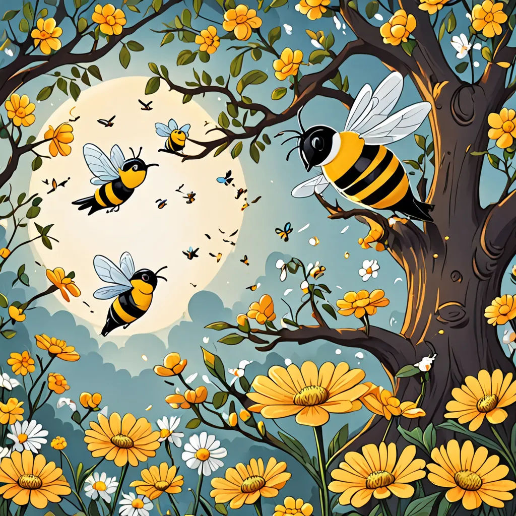 a painting of bees flying around a tree with flowers and a full moon in the background with a full moon in the sky, fantasy art, a storybook illustration, Annabel Kidston, detailed illustration