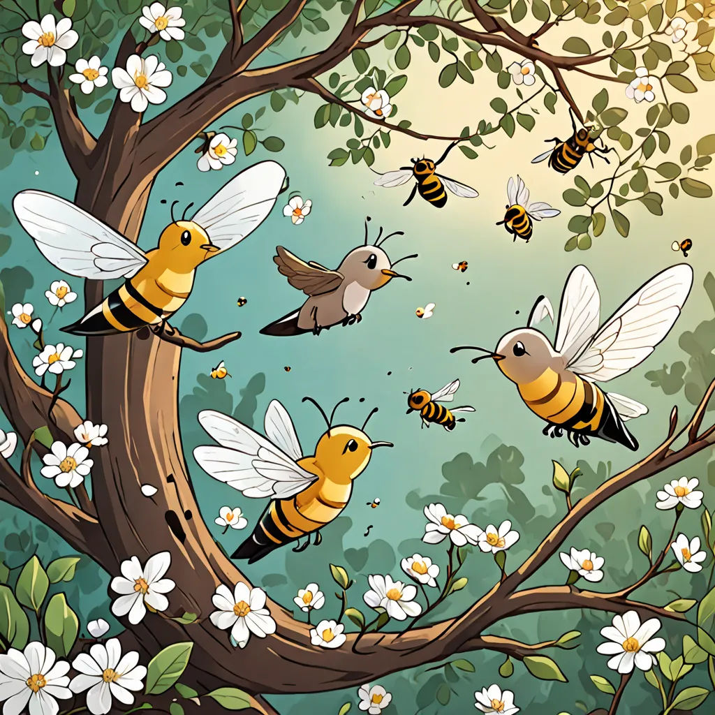 a painting of bees flying around a tree with flowers and a bird on it's back end,, fantasy art, a storybook illustration, Craola, detailed illustration