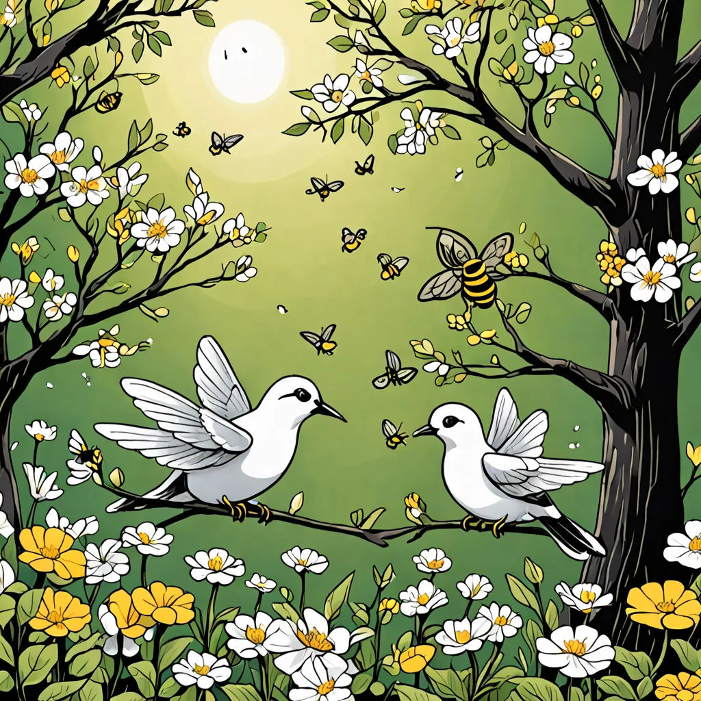 two birds sitting on a branch with flowers and bees in the background of a green sky with a sun, magic realism, a storybook illustration, Asaf Hanuka, birds