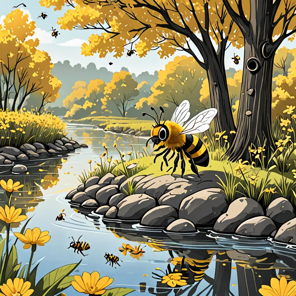 a painting of a bee on a rock by a river with yellow flowers and trees in the background, with a stream running through the center, environmental art, a storybook illustration, Chris LaBrooy, storybook illustration