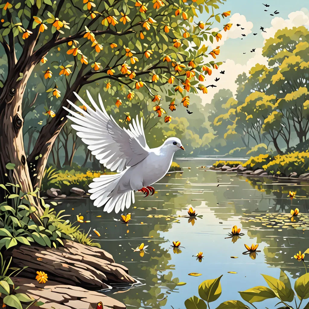 a white bird flying over a river next to a forest filled with oranges and trees with oranges on them, magic realism, a storybook illustration, Chris LaBrooy, highly detailed digital painting
