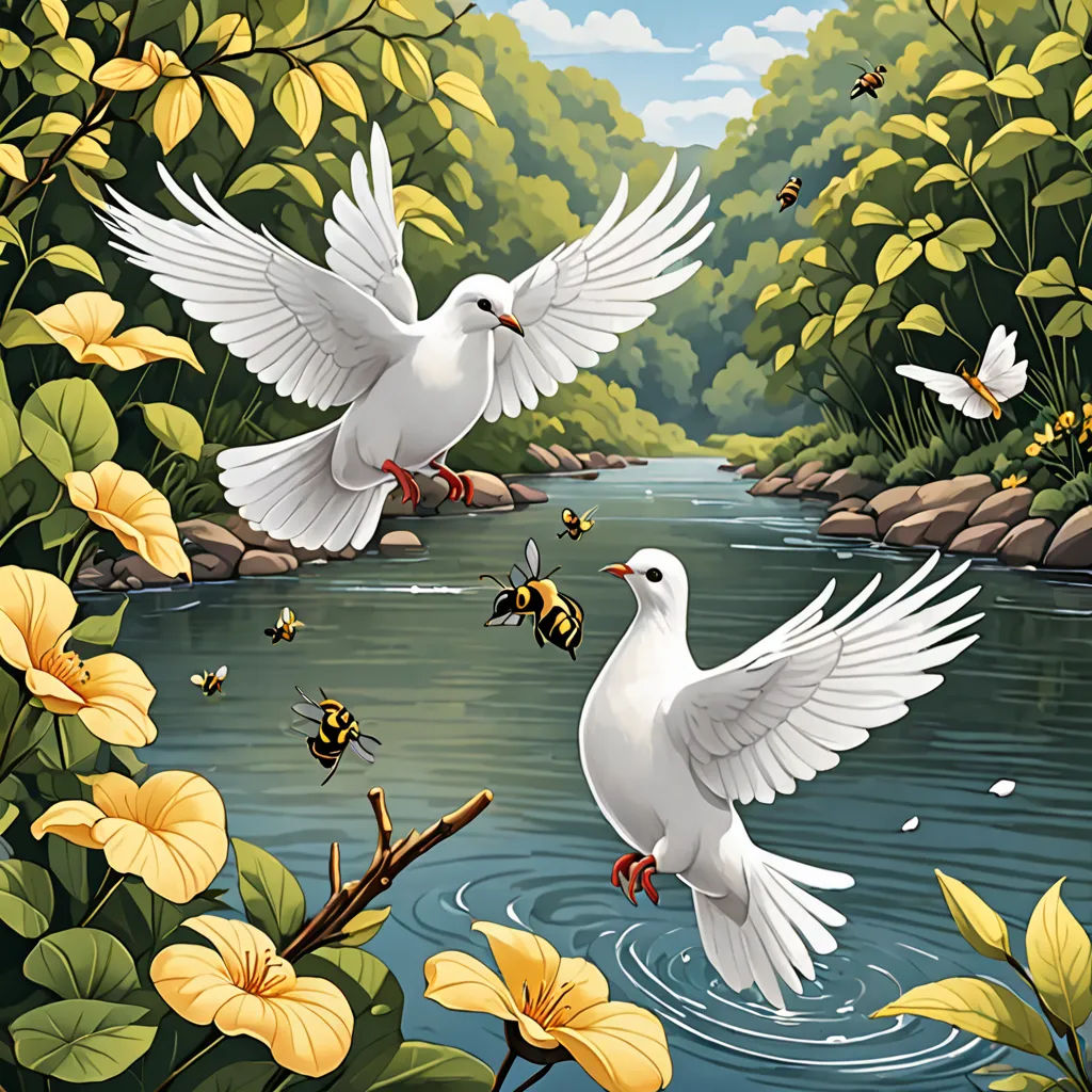 two white birds flying over a river surrounded by flowers and bees in the forest with yellow flowers and a blue sky, naive art, a storybook illustration, Charles Bird King, birds