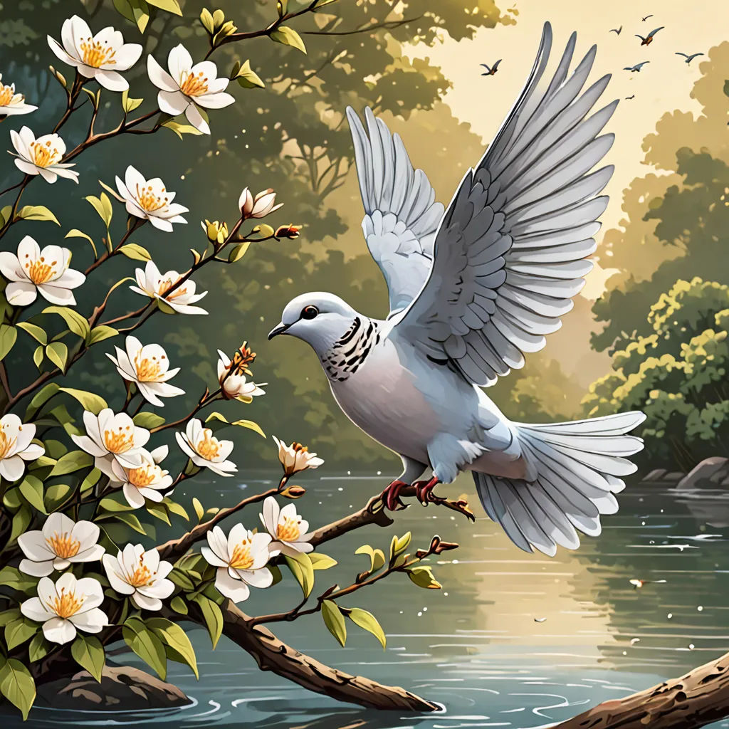 a bird is flying over a branch with flowers on it and a river in the background with birds flying over it, fantasy art, a detailed painting, Chris LaBrooy, highly detailed digital painting