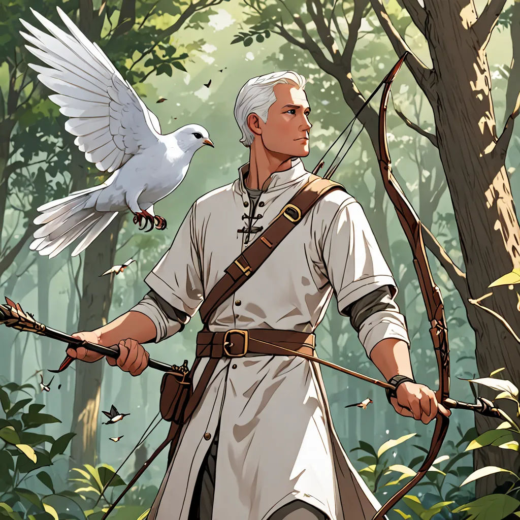 a man in a white outfit holding a bow and arrow with a white bird on his shoulder and a white dove on his shoulder, fantasy art, a character portrait, Charles Bird King, official art