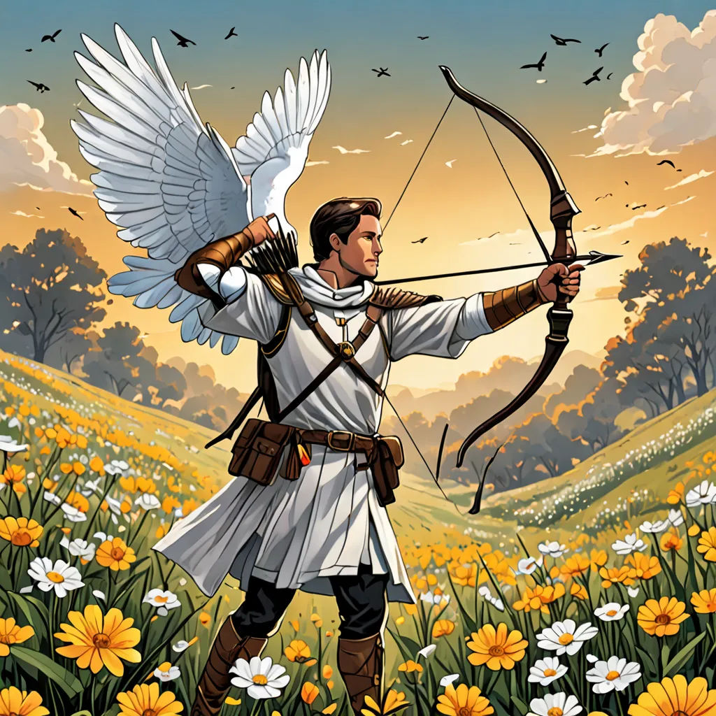 a man dressed in white holding a bow and arrow in a field of flowers with a bird on his shoulder, fantasy art, a comic book panel, Cliff Childs, comic cover art
