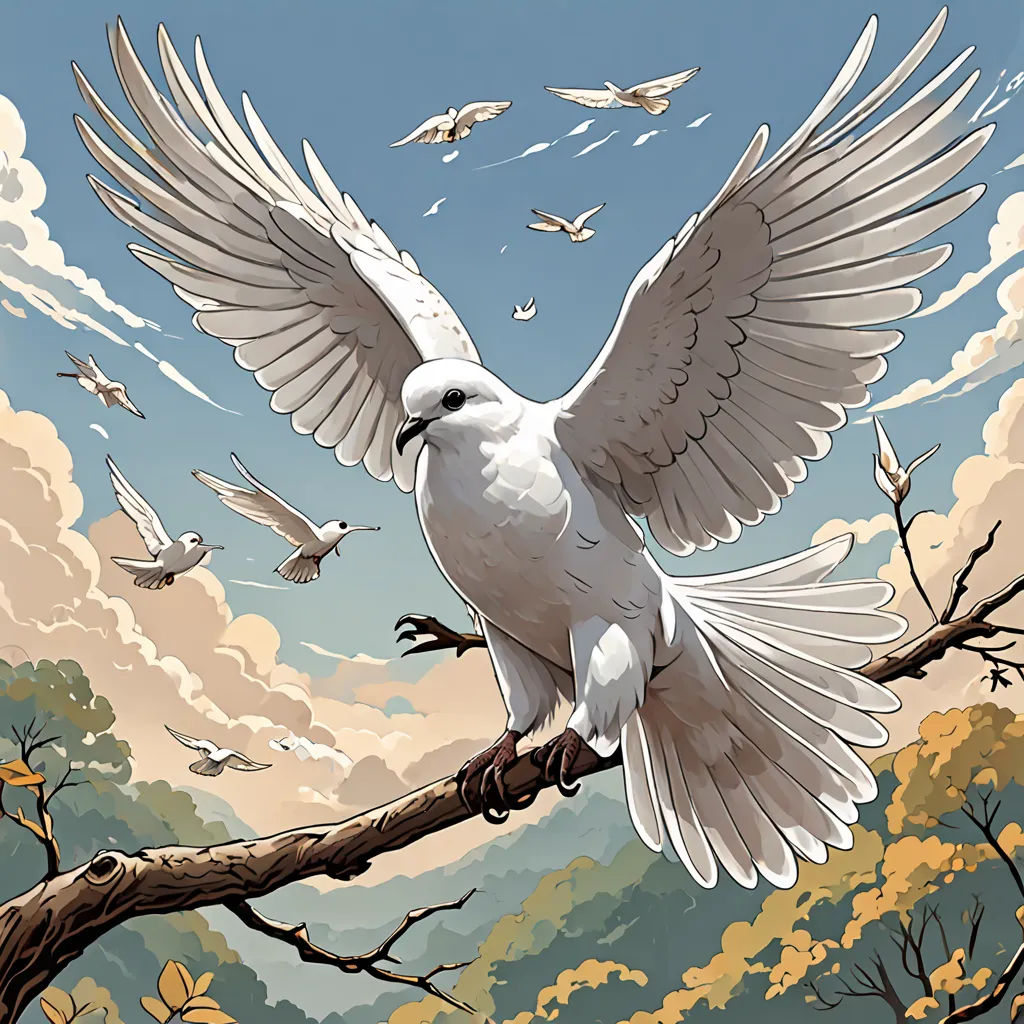 a white bird is perched on a branch with many birds flying around it and a blue sky with clouds, fantasy art, a comic book panel, Asaf Hanuka, birds