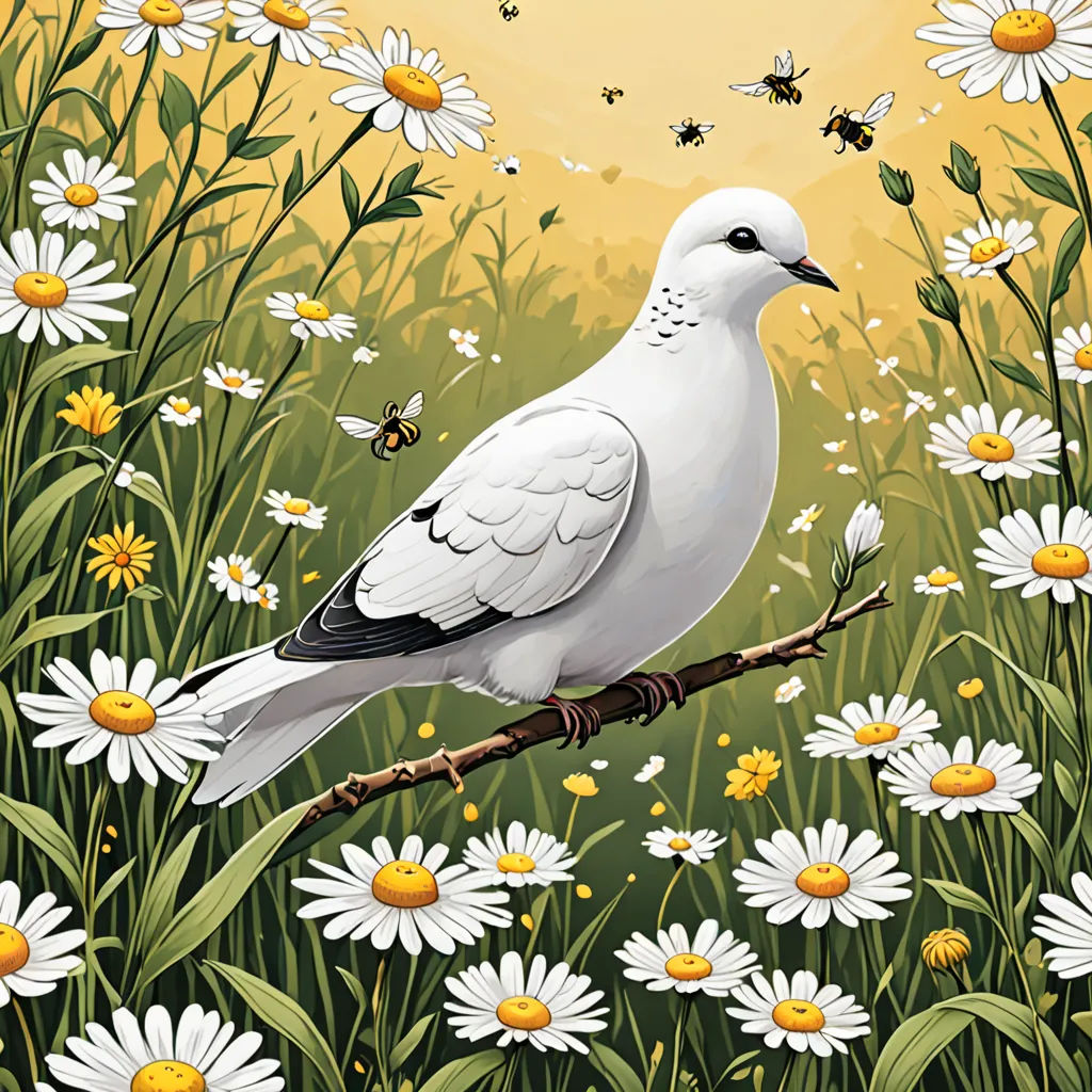 a white bird sitting on a branch in a field of daisies and daisies with bees flying around, naive art, a storybook illustration, David Paton, birds