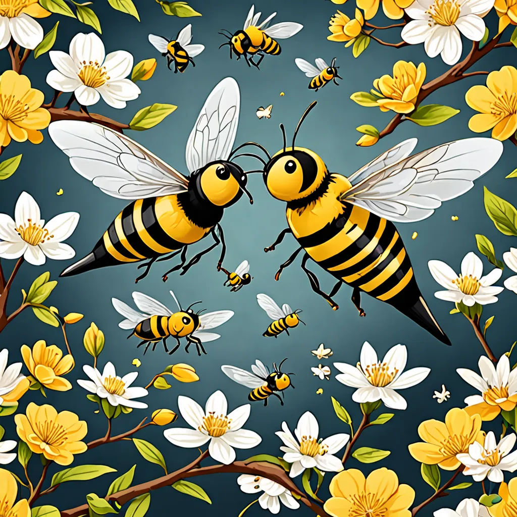 a couple of bees are on a branch with flowers and bees around them on a blue background with white and yellow flowers, pop surrealism, a storybook illustration, Anna Dittmann, detailed illustration