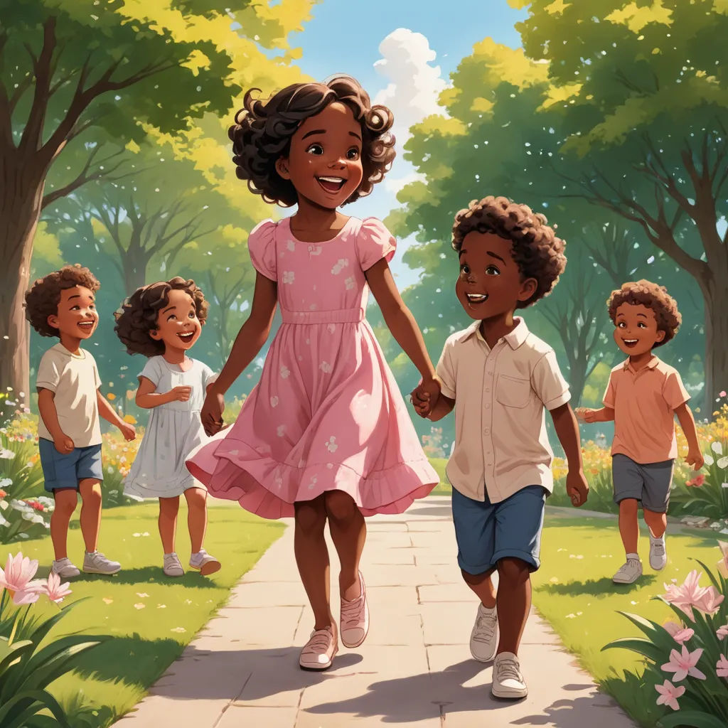 a group of children walking down a sidewalk holding hands and smiling at the camera, with trees and flowers in the background, american scene painting, a storybook illustration, Chris LaBrooy, official art