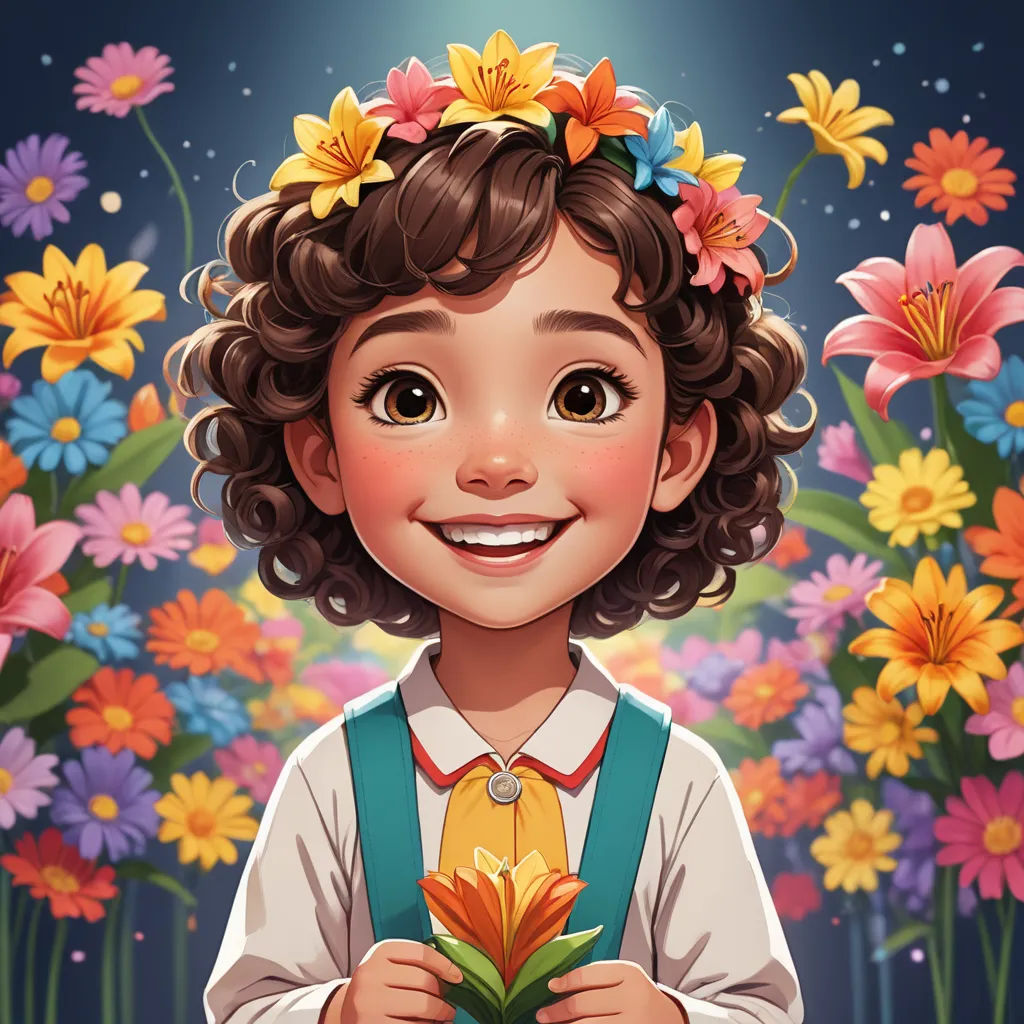 a cartoon girl with a flower in her hair holding a flower in her hands and smiling at the camera, fantasy art, a character portrait, Alice Prin, trending on art station