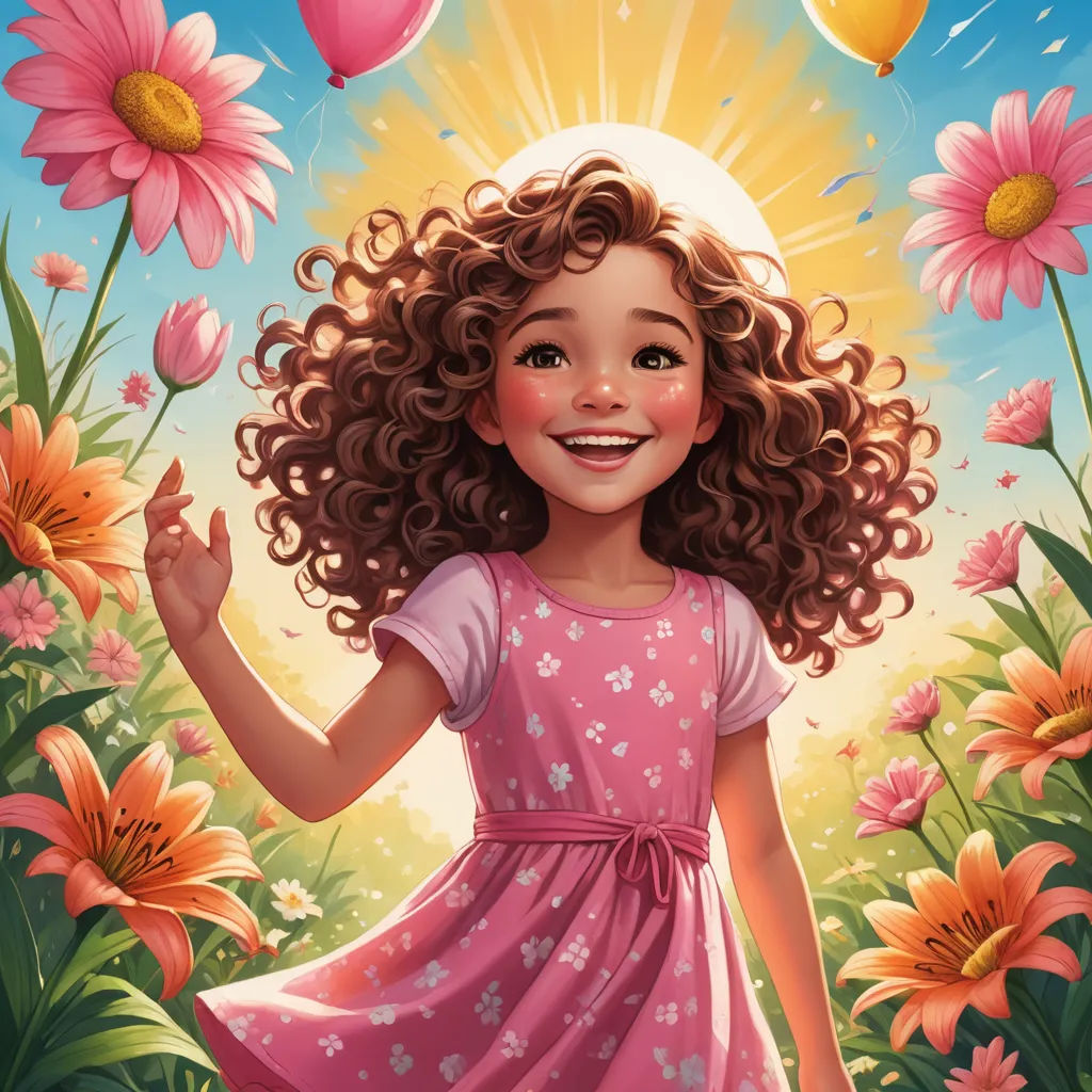 a painting of a girl with curly hair standing in a field of flowers with balloons in the sky above her, naive art, a storybook illustration, Alejandro Burdisio, trending on art station