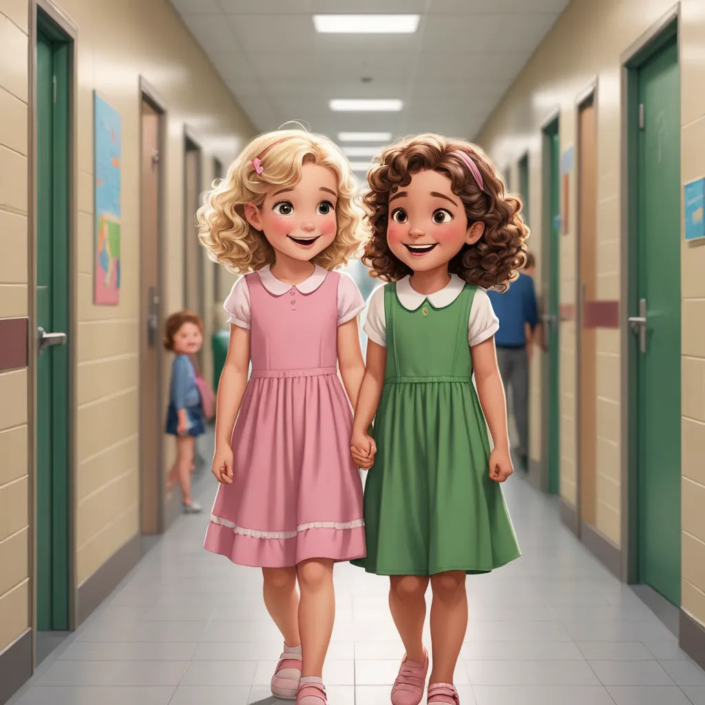 two little girls walking down a hallway together in dresses and shoes, with a hallway in the background with a hallway painted in green and a light pink, photorealism, a painting, disney, official art