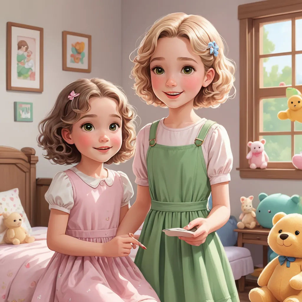 a painting of two girls in a bedroom with teddy bears on the wall and a teddy bear on the floor, remodernism, a storybook illustration, Caroline Lucy Scott, storybook illustration
