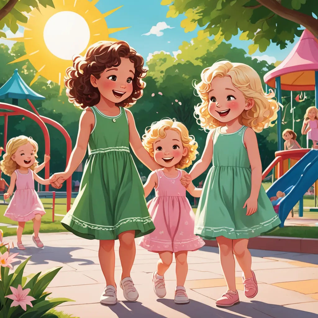 a group of three girls holding hands in a park with a playground in the background and a sun shining, lyco art, a storybook illustration, Caroline Lucy Scott, storybook illustration