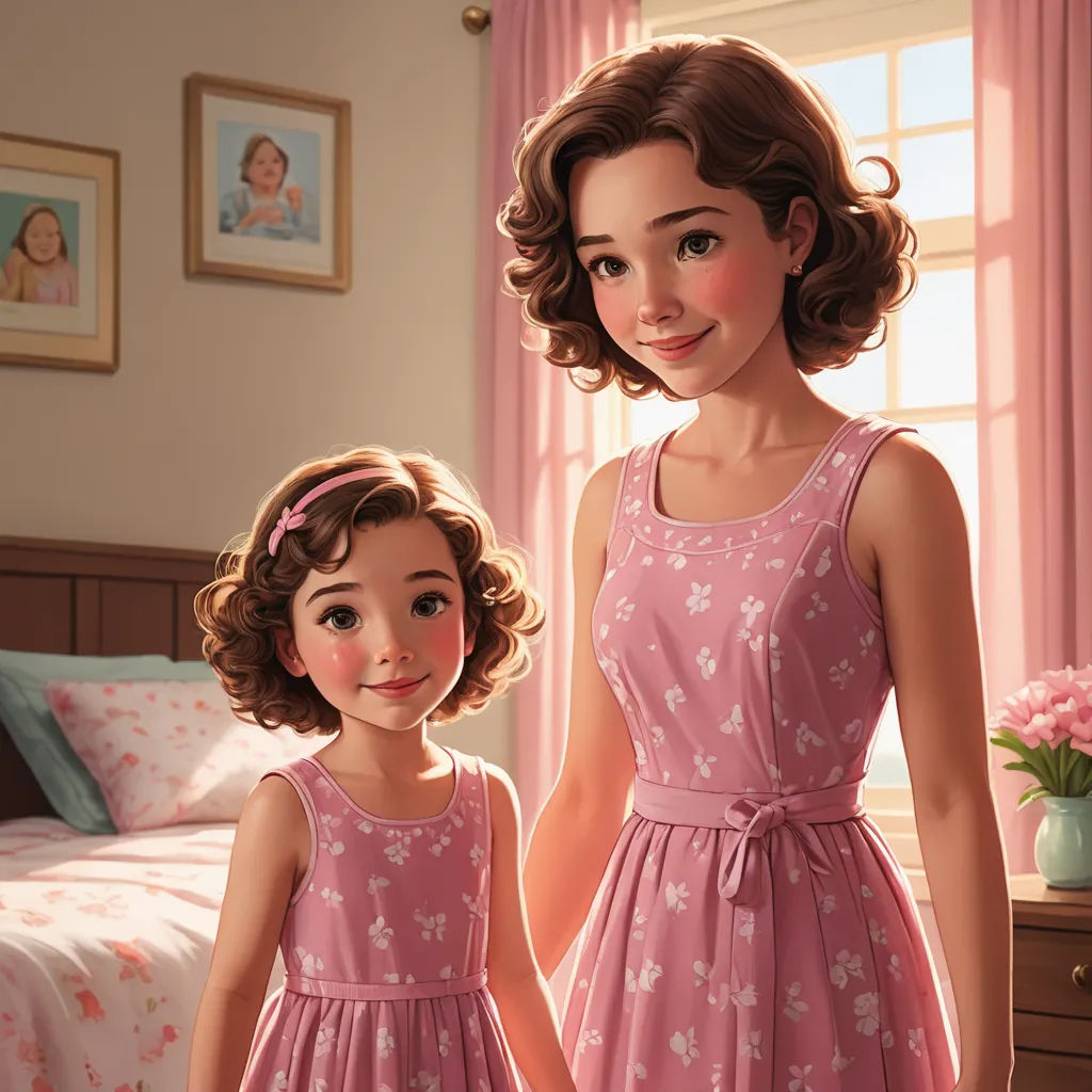 a painting of a mother and daughter in a bedroom with pink curtains and pink curtains on the window sill, american scene painting, a storybook illustration, disney, cgstudio