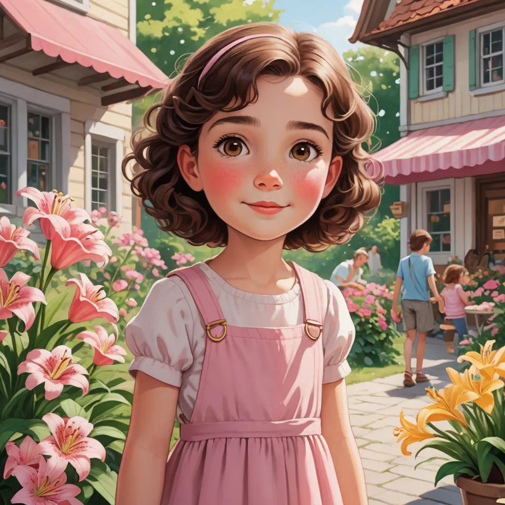 a painting of a girl in a pink dress standing in front of a flower garden with a man in the background, american scene painting, a storybook illustration, Bob Byerley, cgstudio