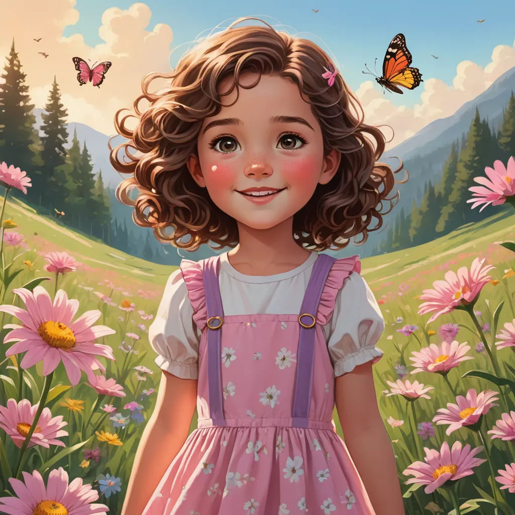 a painting of a little girl in a field of flowers with a butterfly flying over her head and a mountain in the background, fantasy art, a storybook illustration, Alice Prin, trending on art station