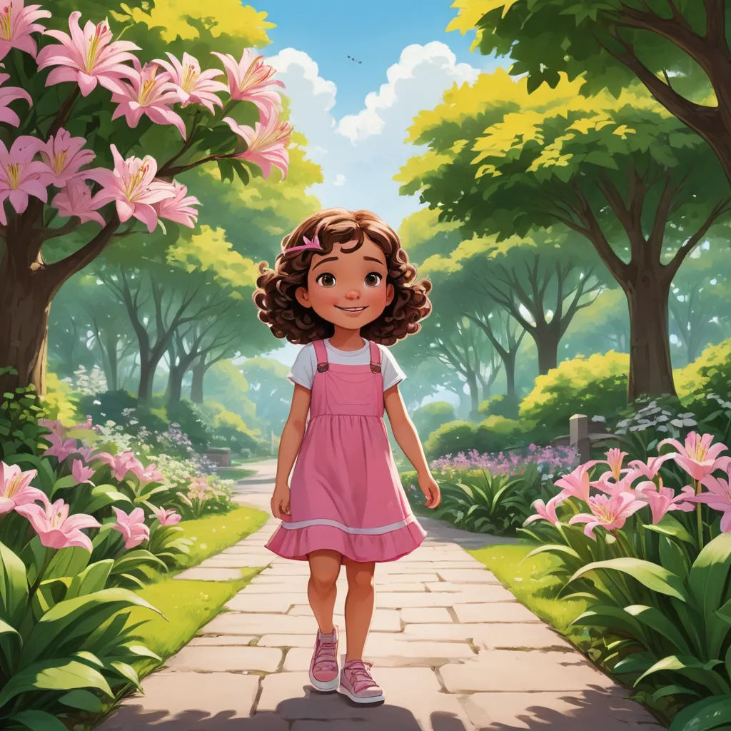 a cartoon girl in a pink dress walking down a path in a park with flowers and trees around her, magical realism, a storybook illustration, Clarice Beckett, promotional image