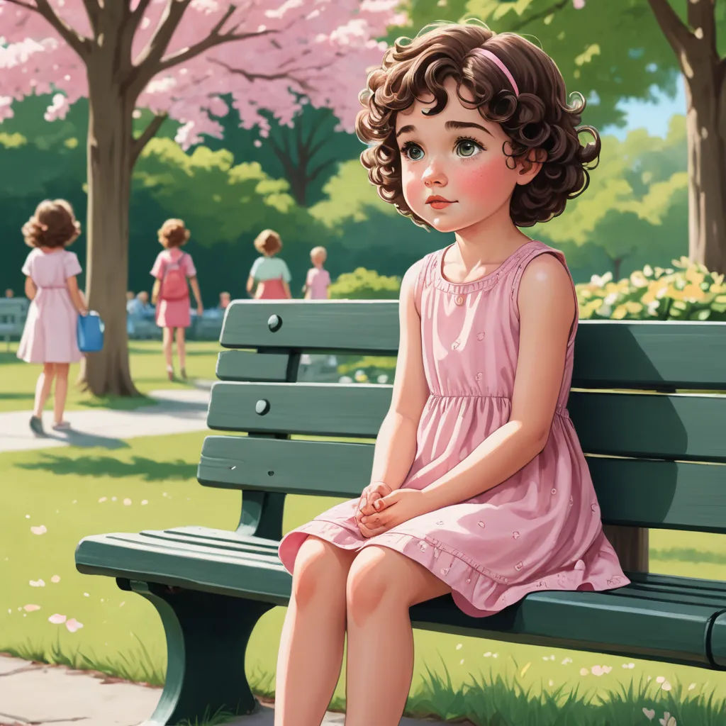 a painting of a little girl sitting on a bench in a park with a group of people in the background, figurative art, a storybook illustration, Alice Prin, highly detailed digital painting