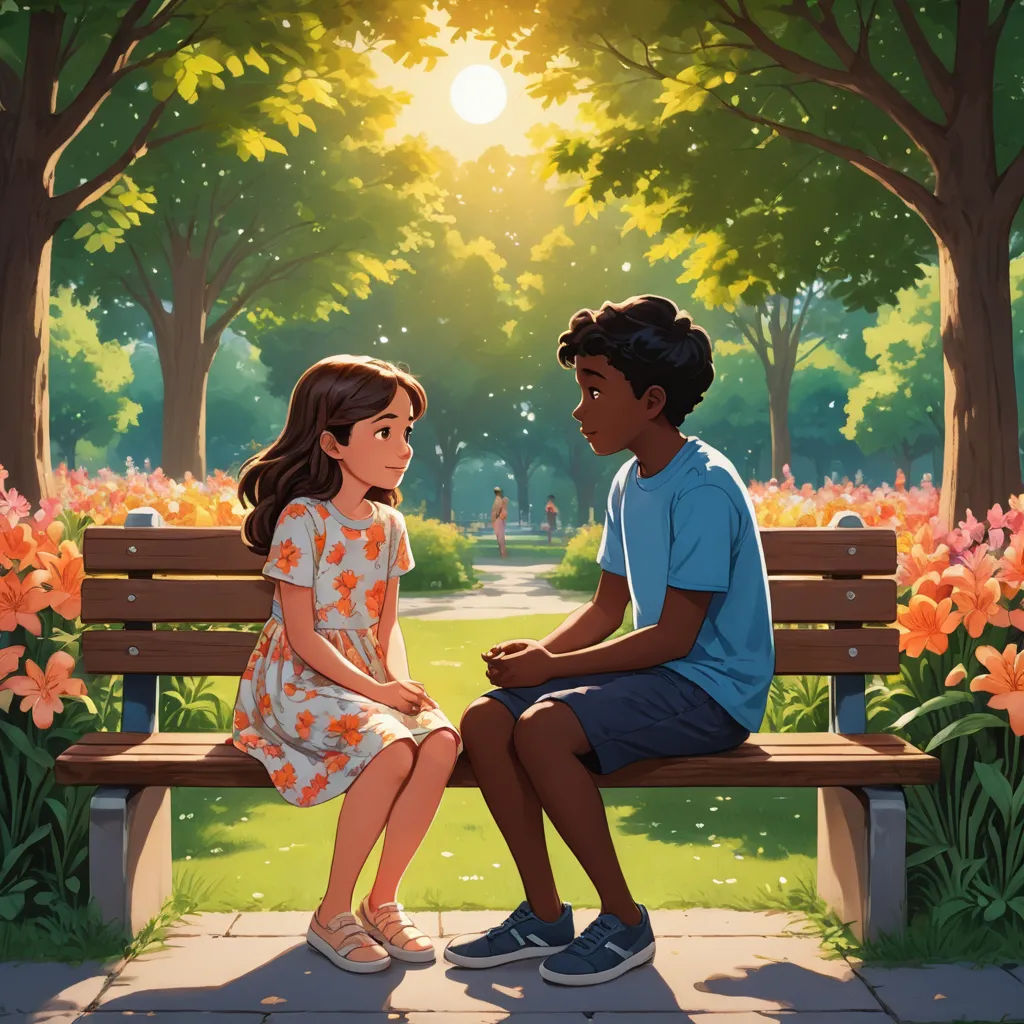 a man and a woman sitting on a bench in a park with flowers and trees around them, looking at each other, american scene painting, a storybook illustration, Art & Language, official art