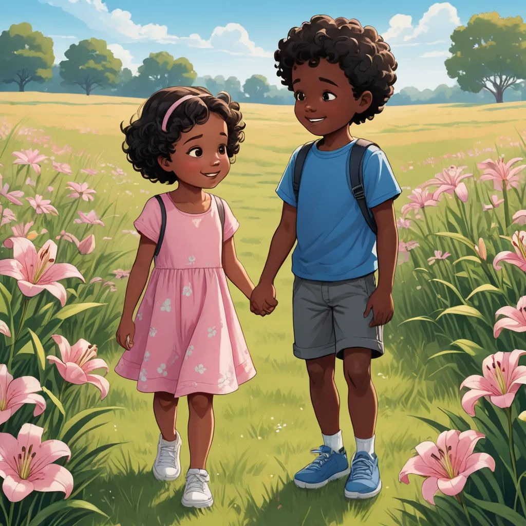 a couple of kids standing next to each other in a field of flowers holding hands and looking at each other, american scene painting, a storybook illustration, Chinwe Chukwuogo-Roy, book cover