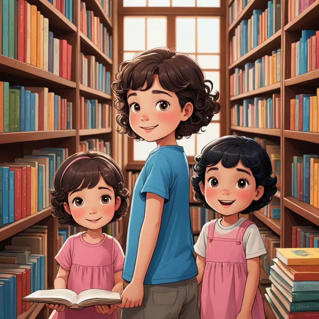 a boy and two girls standing in front of a bookcase full of books in a library with bookshelves, lyco art, a storybook illustration, Diego Gisbert Llorens, storybook illustration