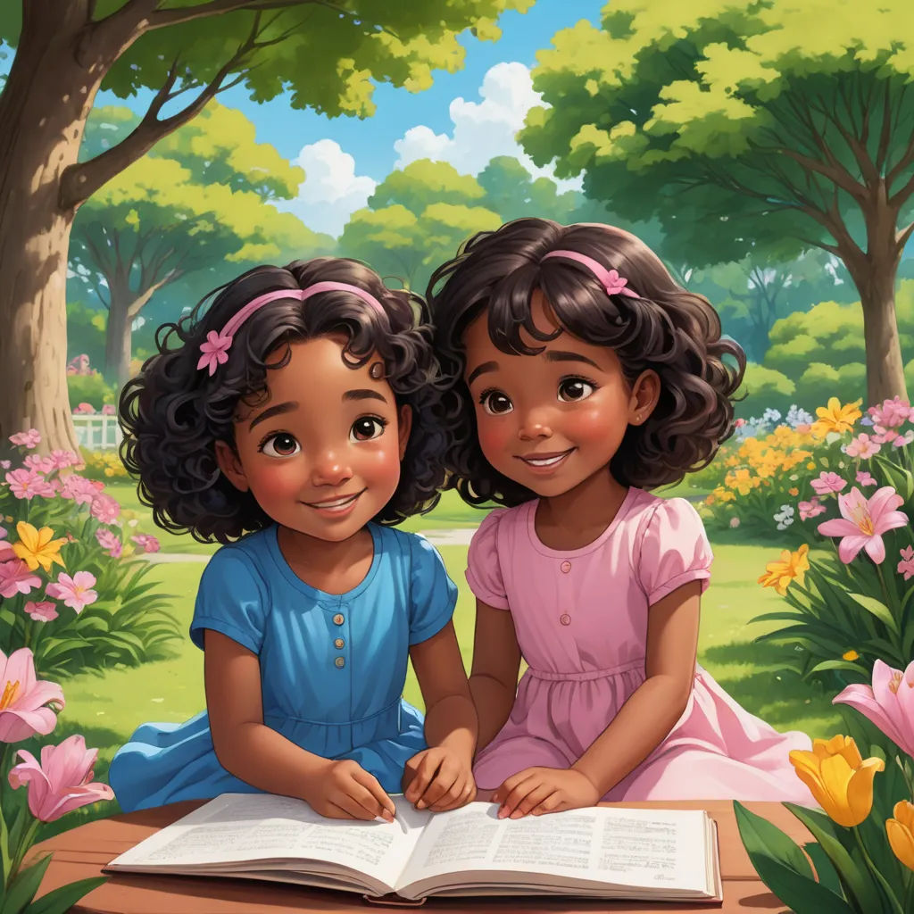 two children sitting on a bench reading a book together in a park with flowers and trees in the background, fantasy art, a storybook illustration, Bob Thompson, storybook illustration