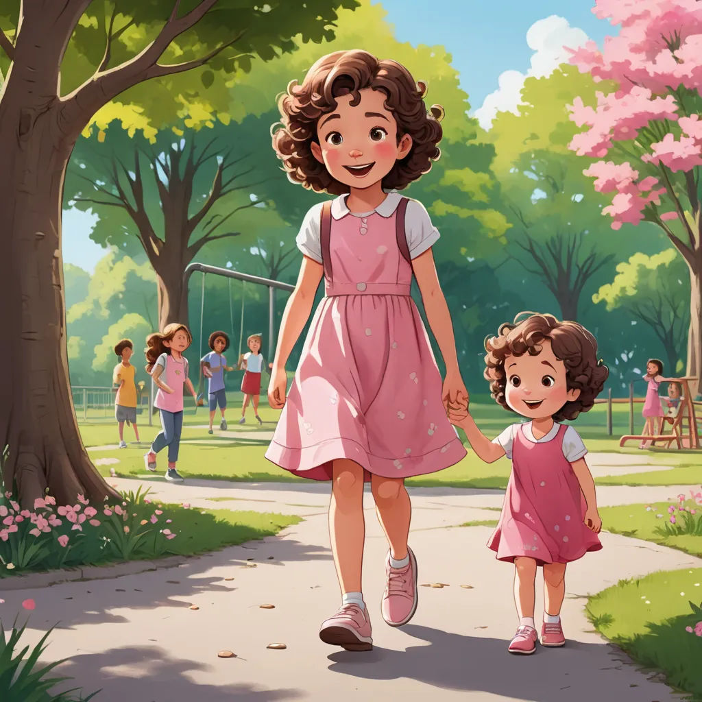 a little girl holding the hand of a little girl walking down a path in a park with a swing set, paris school, a storybook illustration, Diego Gisbert Llorens, official art