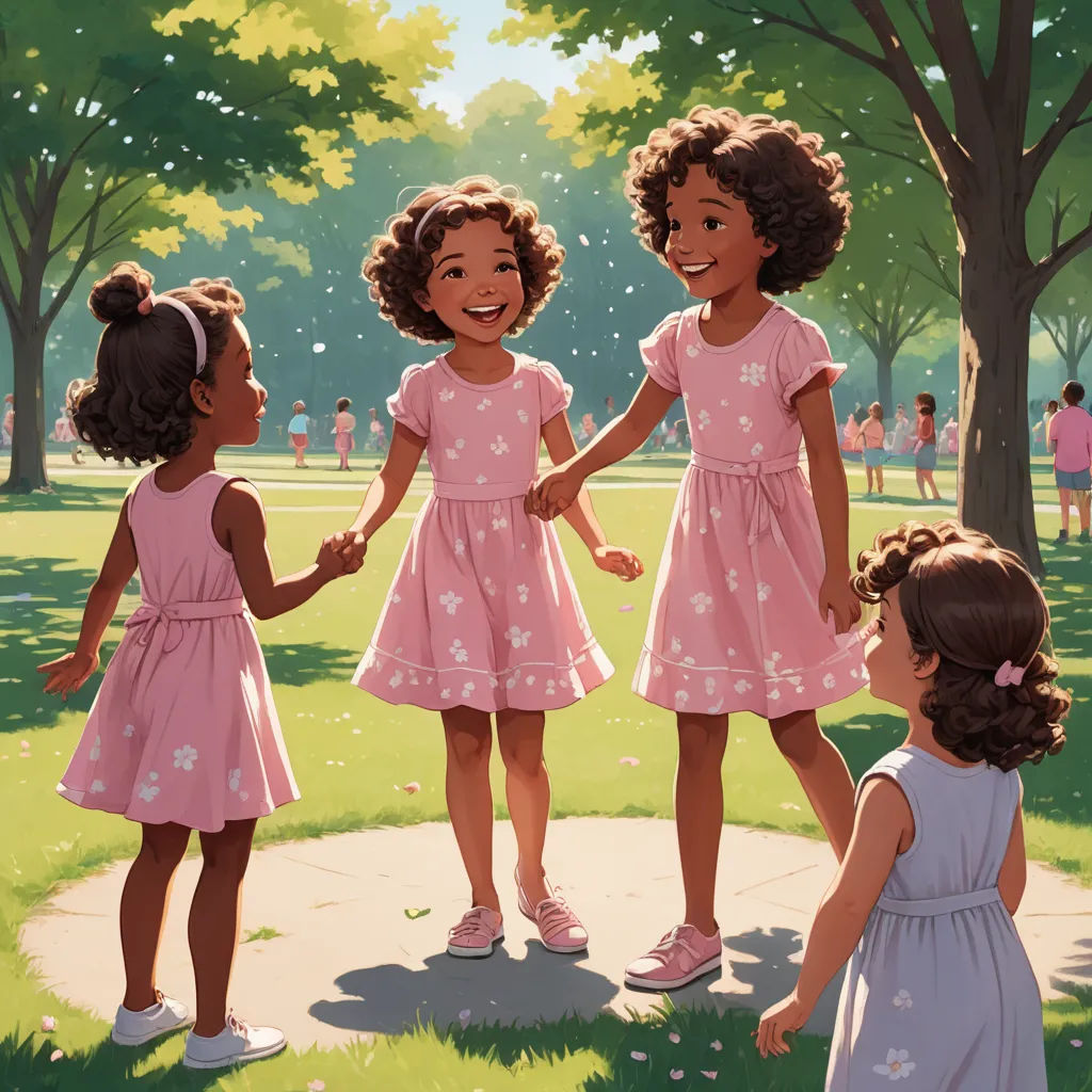three little girls are holding hands and smiling in a park with trees and people in the background, while a third girl in a pink dress is holding the hand, american scene painting, a storybook illustration, Chinwe Chukwuogo-Roy, official art