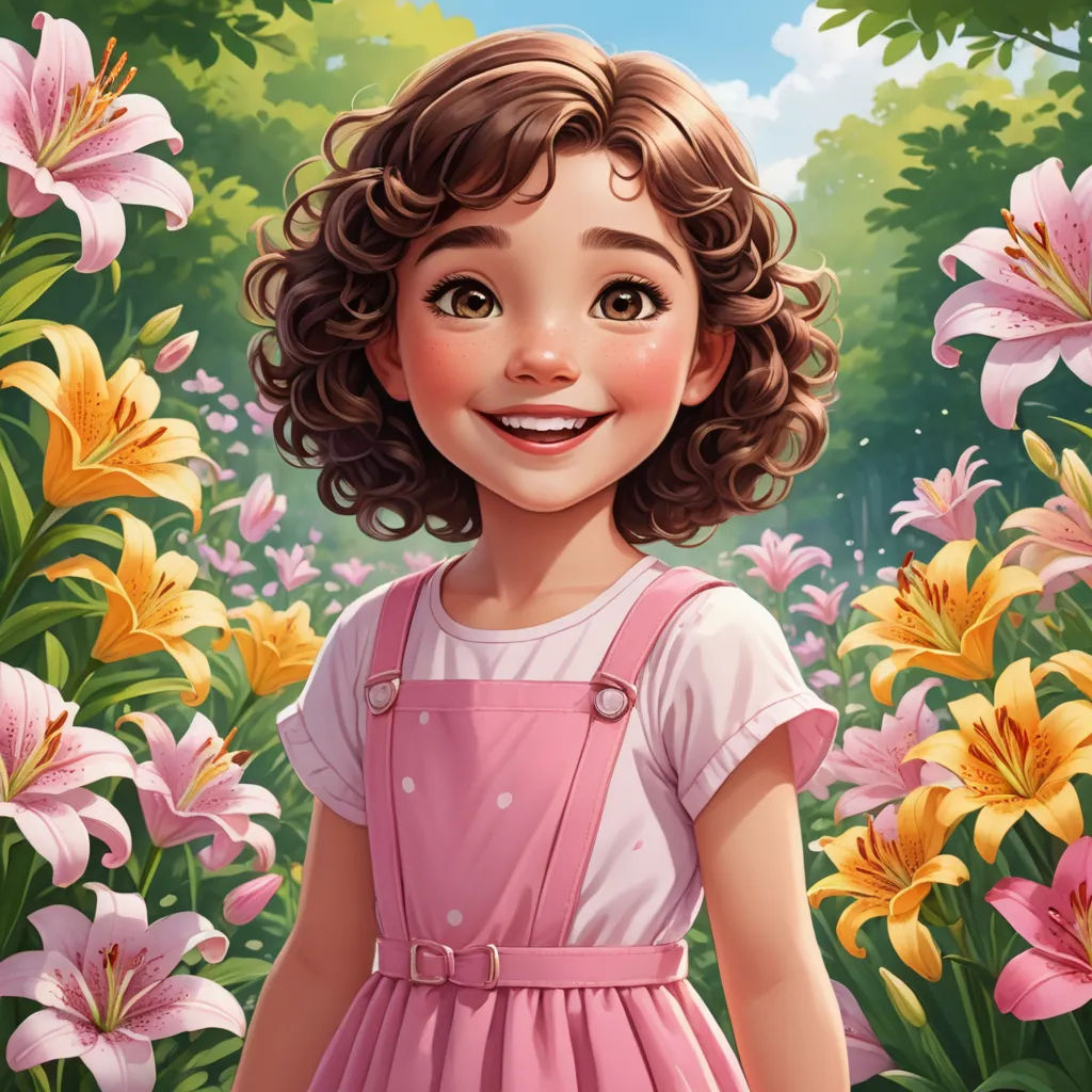 a painting of a girl in a pink dress standing in a field of flowers with a blue sky in the background, photorealism, a storybook illustration, Alice Prin, trending on art station
