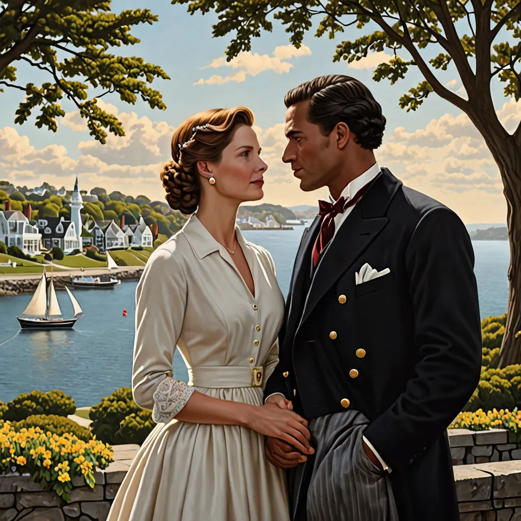 a painting of a man and woman standing next to each other in front of a lake and a town, american scene painting, a detailed matte painting, Edwin Georgi, highly detailed oil painting