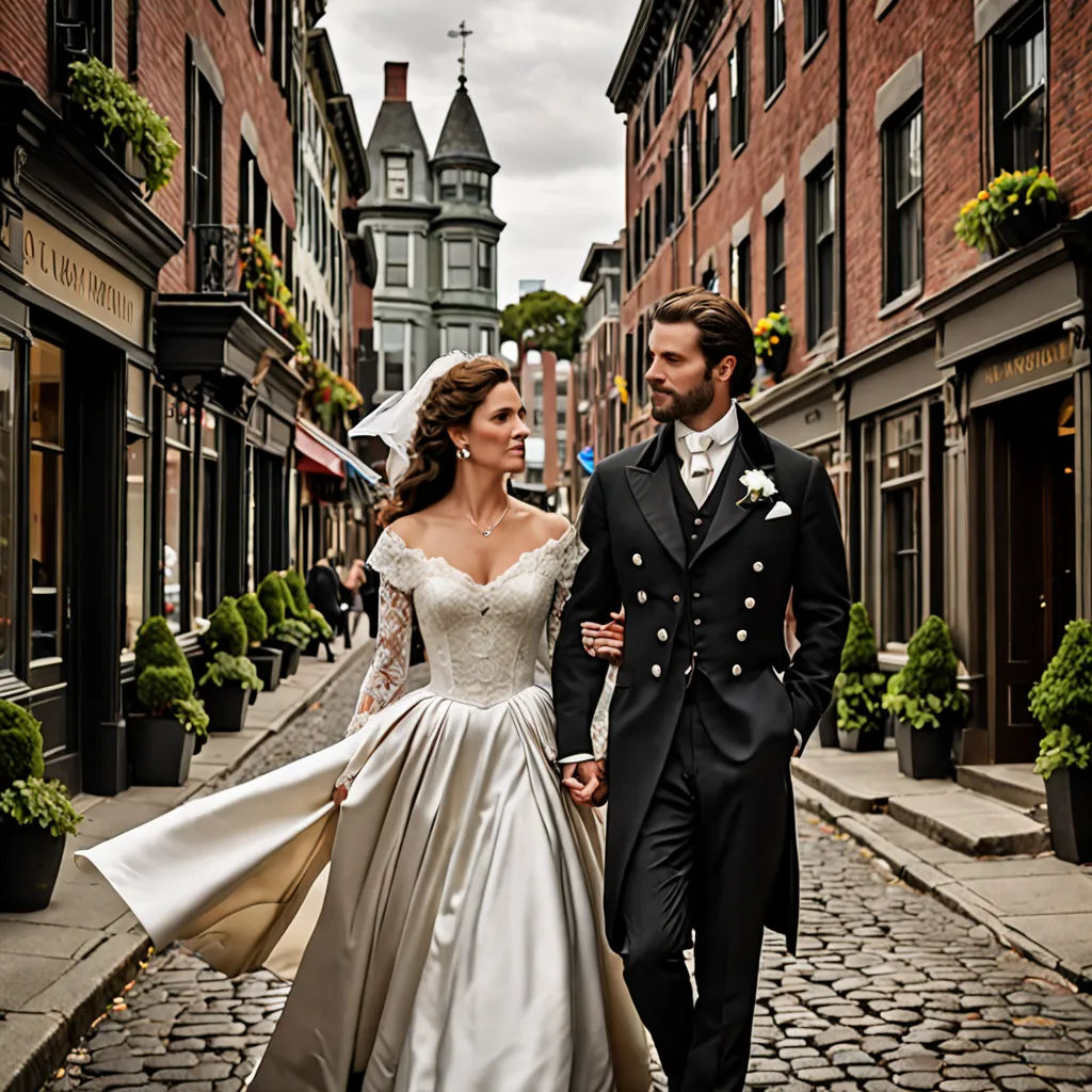 a bride and groom walking down a cobblestone street in a city, dressed in formal wear,, american romanticism, a storybook illustration, Christabel Dennison, promotional image