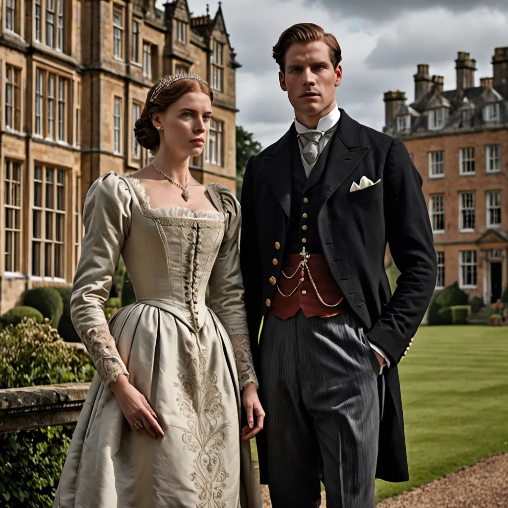 a man and a woman in period dress standing in front of a building with a walkway leading to it, pre-raphaelitism, a poster, Christabel Dennison, promotional image