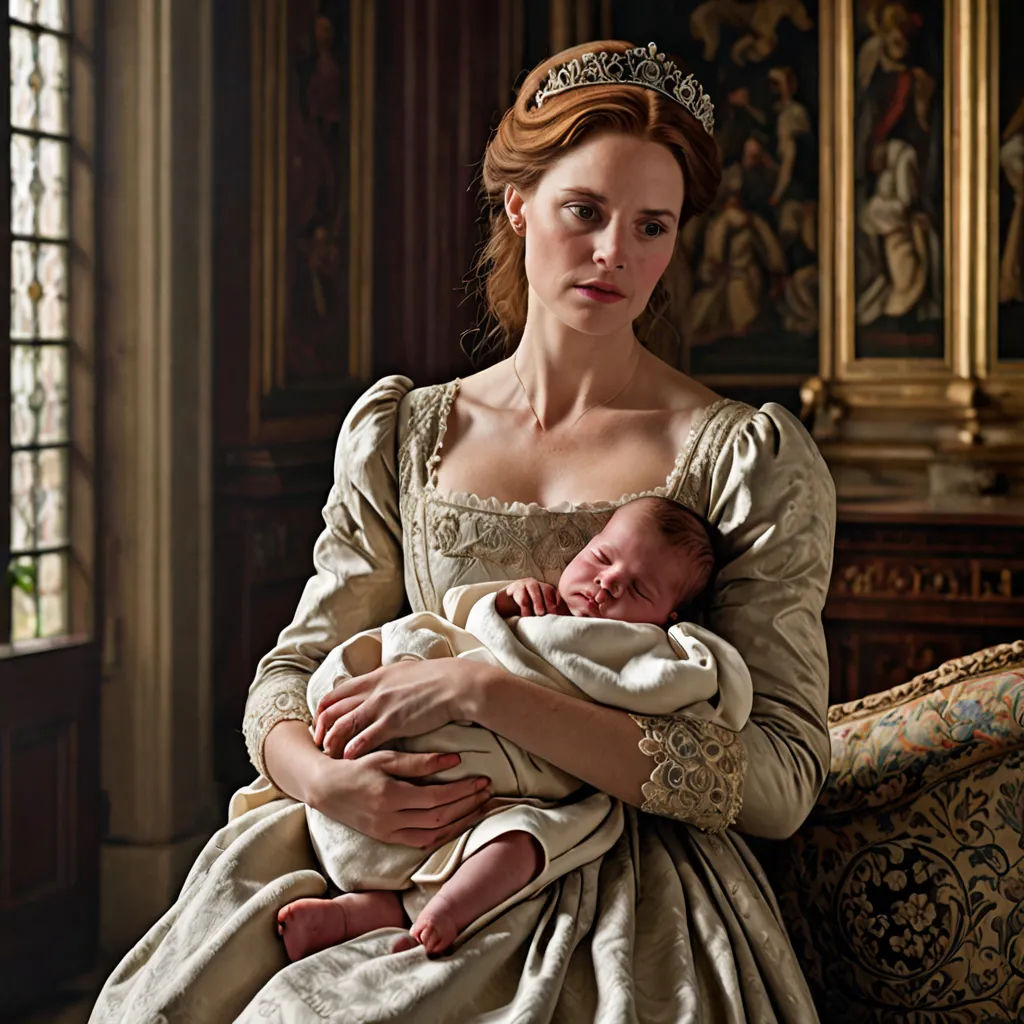 a woman in a dress holding a baby in her arms in a room with a window and a painting on the wall, renaissance, a flemish Baroque, Elizabeth Forbes, promotional image