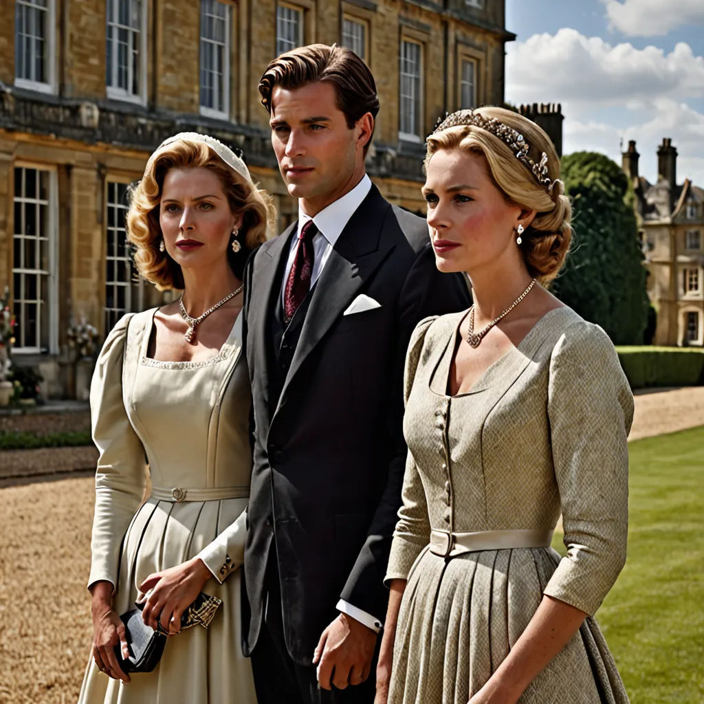 a man and two women standing in front of a building with a lawn in front of them and a man in a suit and tie, arts and crafts movement, a poster, Constance Copeman, promotional image