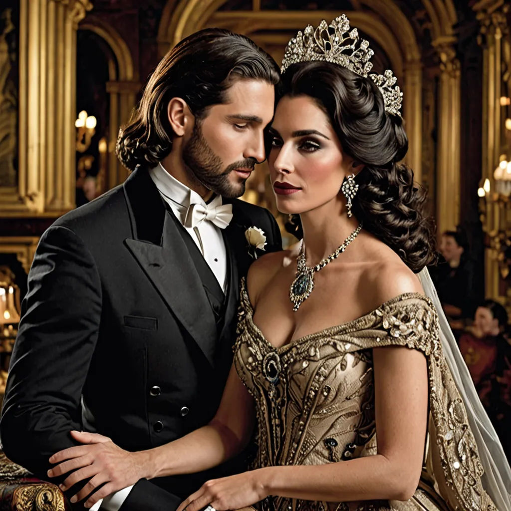 a man and woman in formal wear standing next to each other in a room with gold walls and chandeliers, rococo, a flemish Baroque, Araceli Gilbert, promotional image