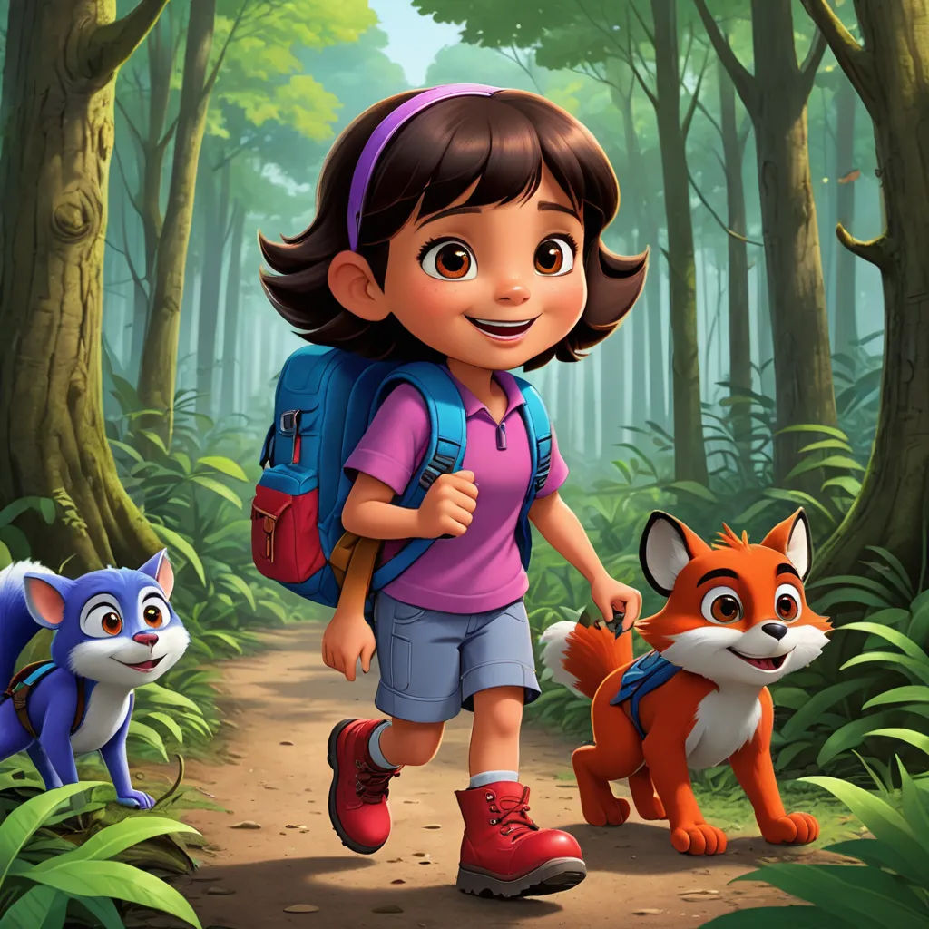a girl with a backpack and two little foxes in the woods, walking through the woods, with a forest background, furry art, concept art, Ella Guru, promotional image