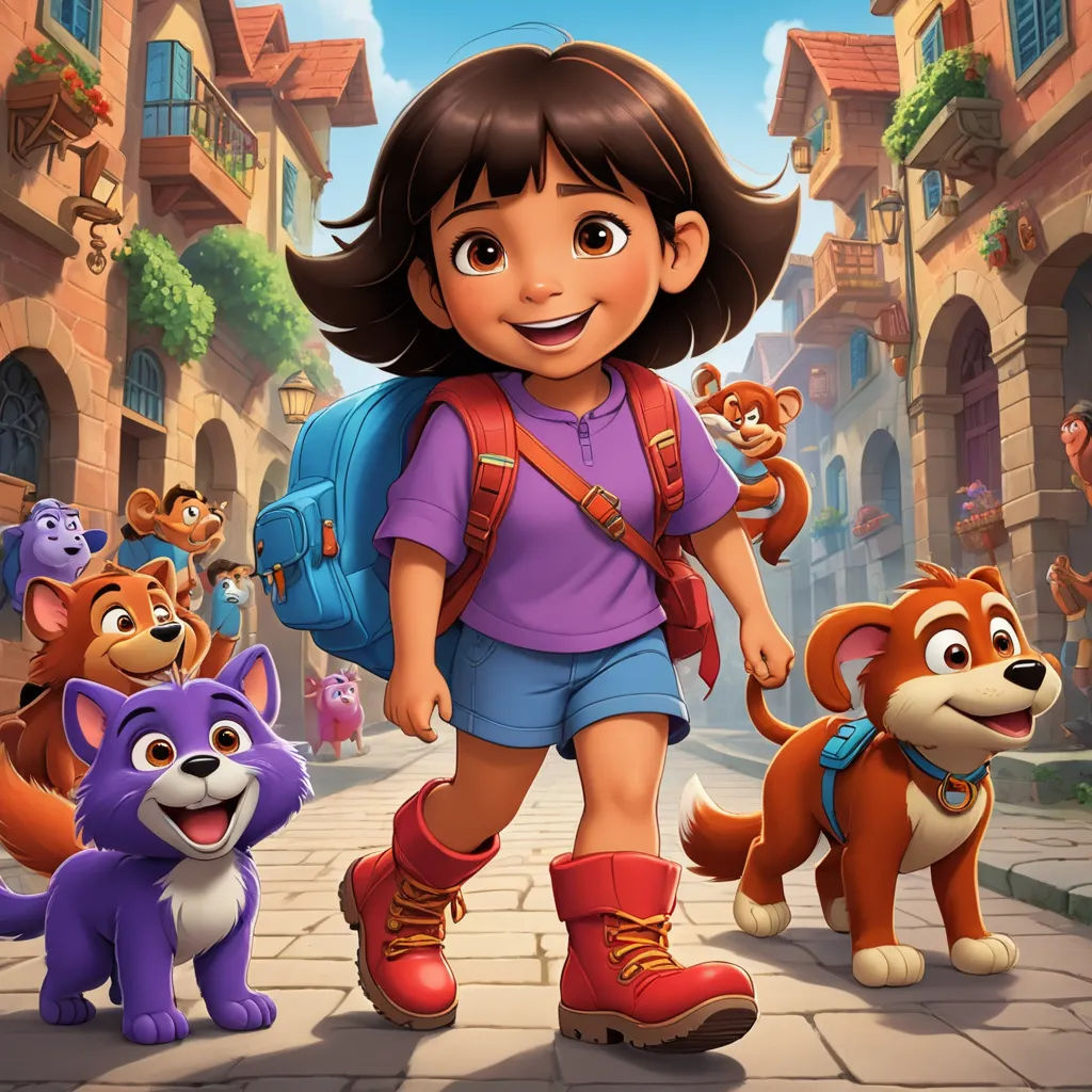a girl with a backpack and some animals in the street and a building with a lot of windows and doors, furry art, poster art, Briana Mora, promotional image
