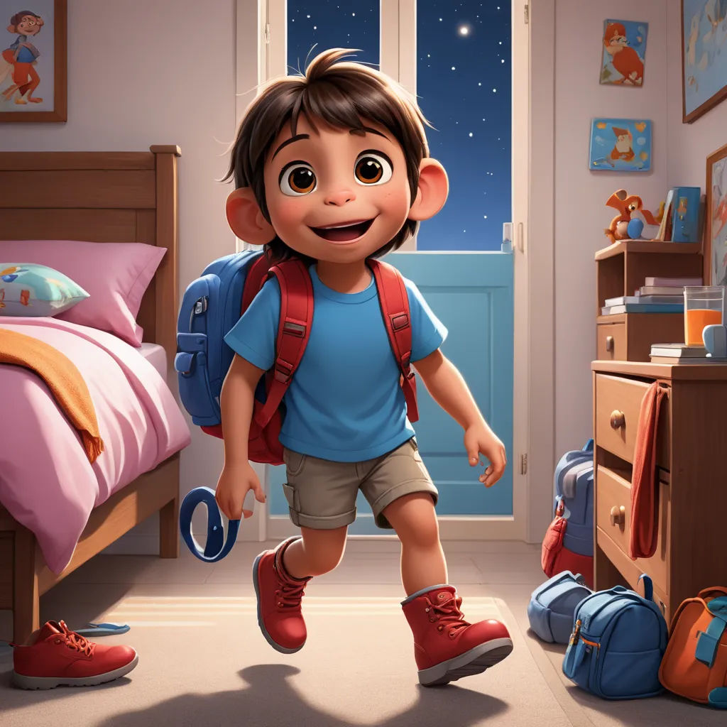 a cartoon boy with a backpack and a backpack on his back in a bedroom with a bed and a window, photorealism, poster art, Diego Gisbert Llorens, promotional image