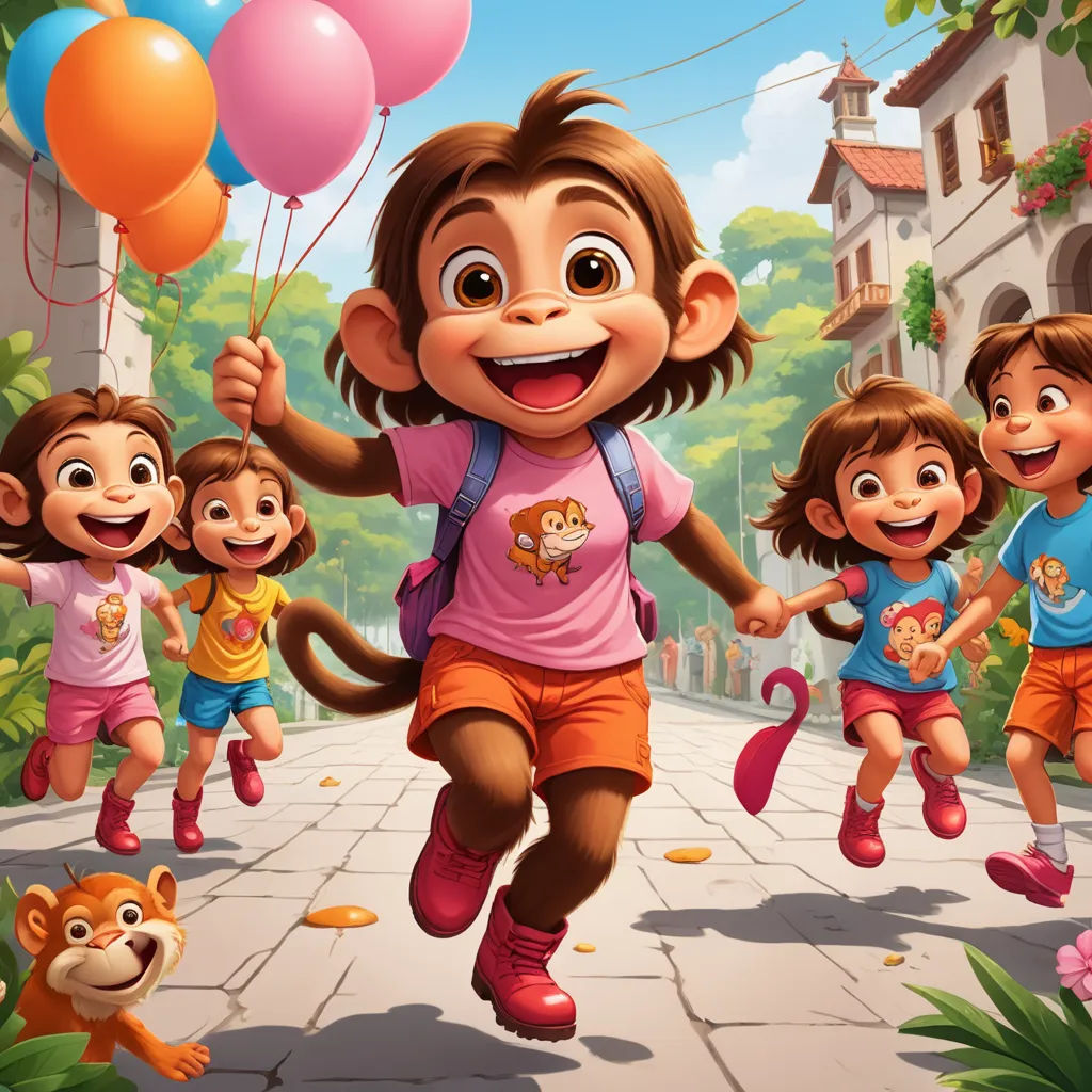 a group of children running down a street with balloons in the air and a monkey on the ground with a backpack, lyco art, poster art, Diego Gisbert Llorens, promotional image